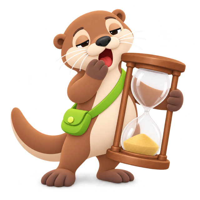 Ollie yawning next to an hourglass